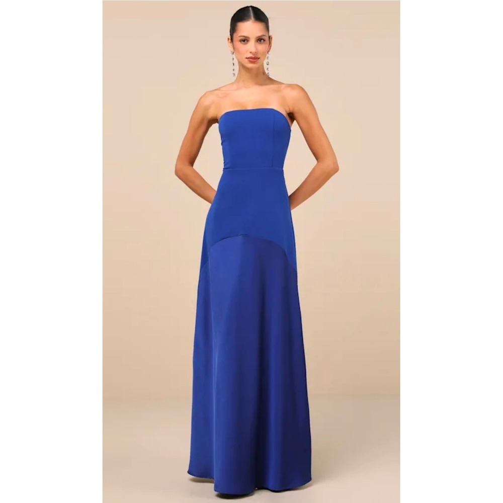 Lulus Compelling Style Mixed Media Satin Maxi Dress Royal Blue Small Womens Gala